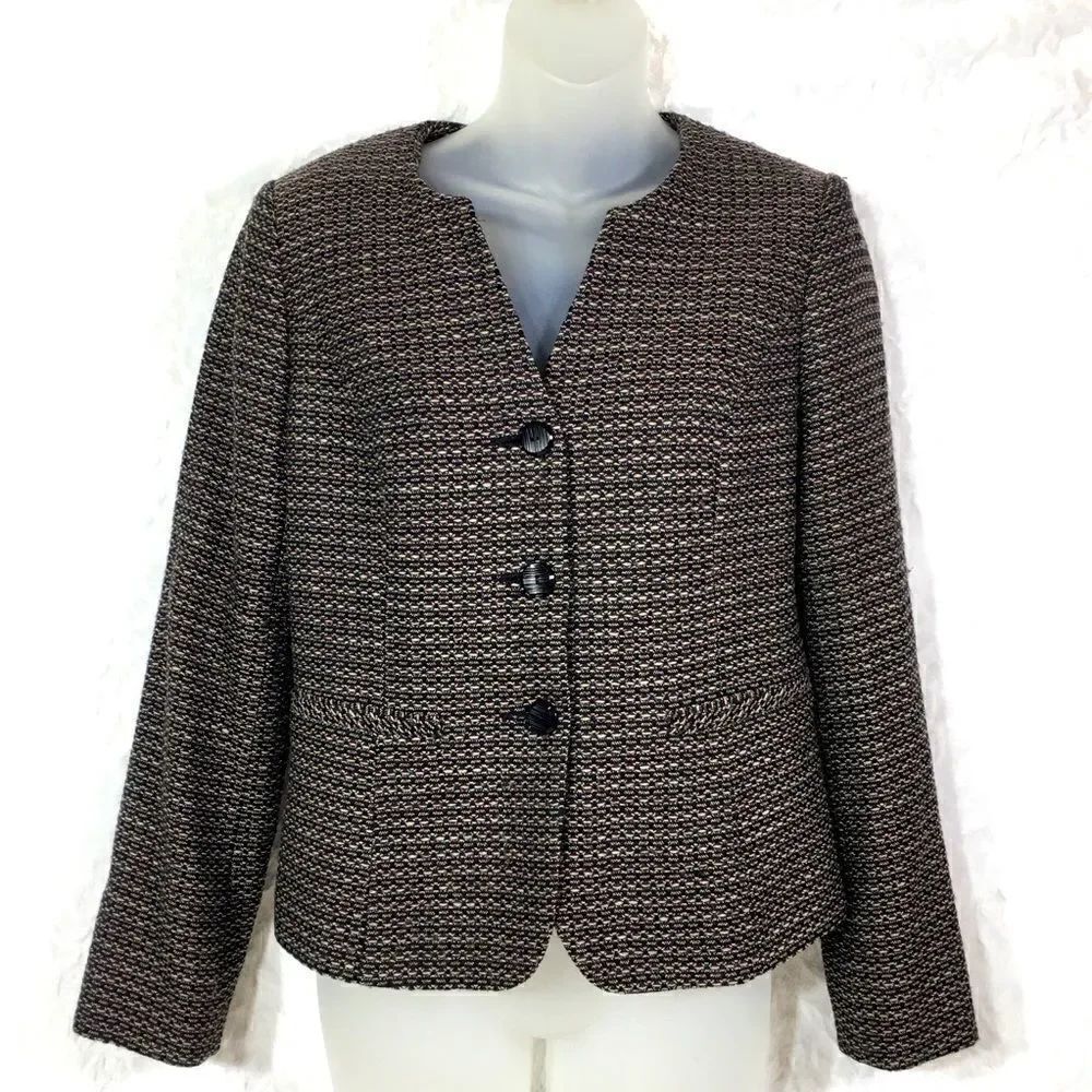 Cambria Platinum wool tweed texture collarless blazer suit coat jacket size 2